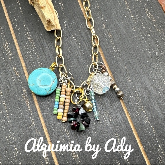 Alquimia Gold and Blue Charm Necklace with Turquoise Accents